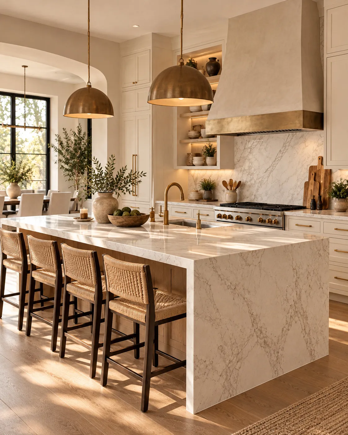 Warm kitchen with marble island