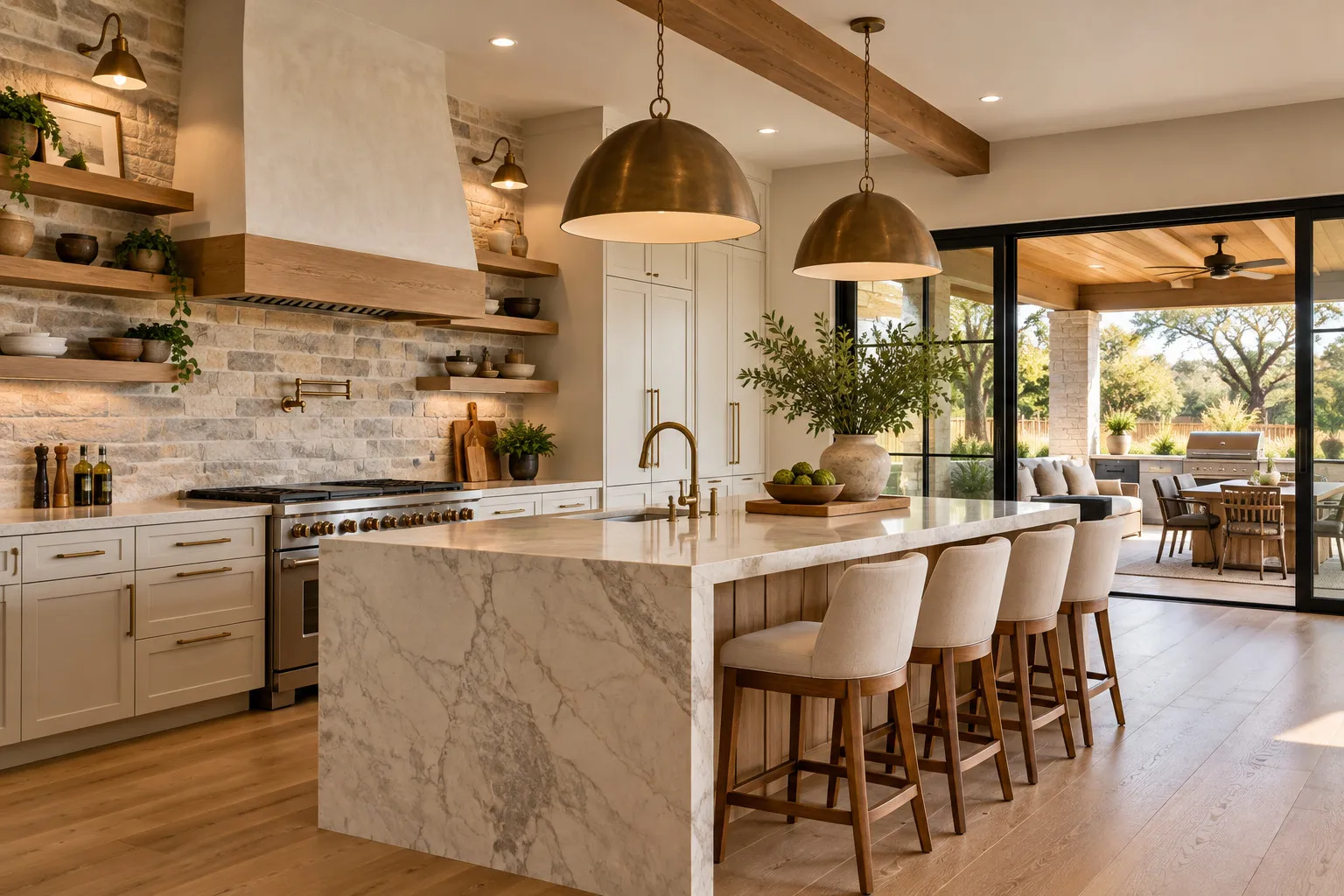 Farmhouse kitchen with a view to the patio
